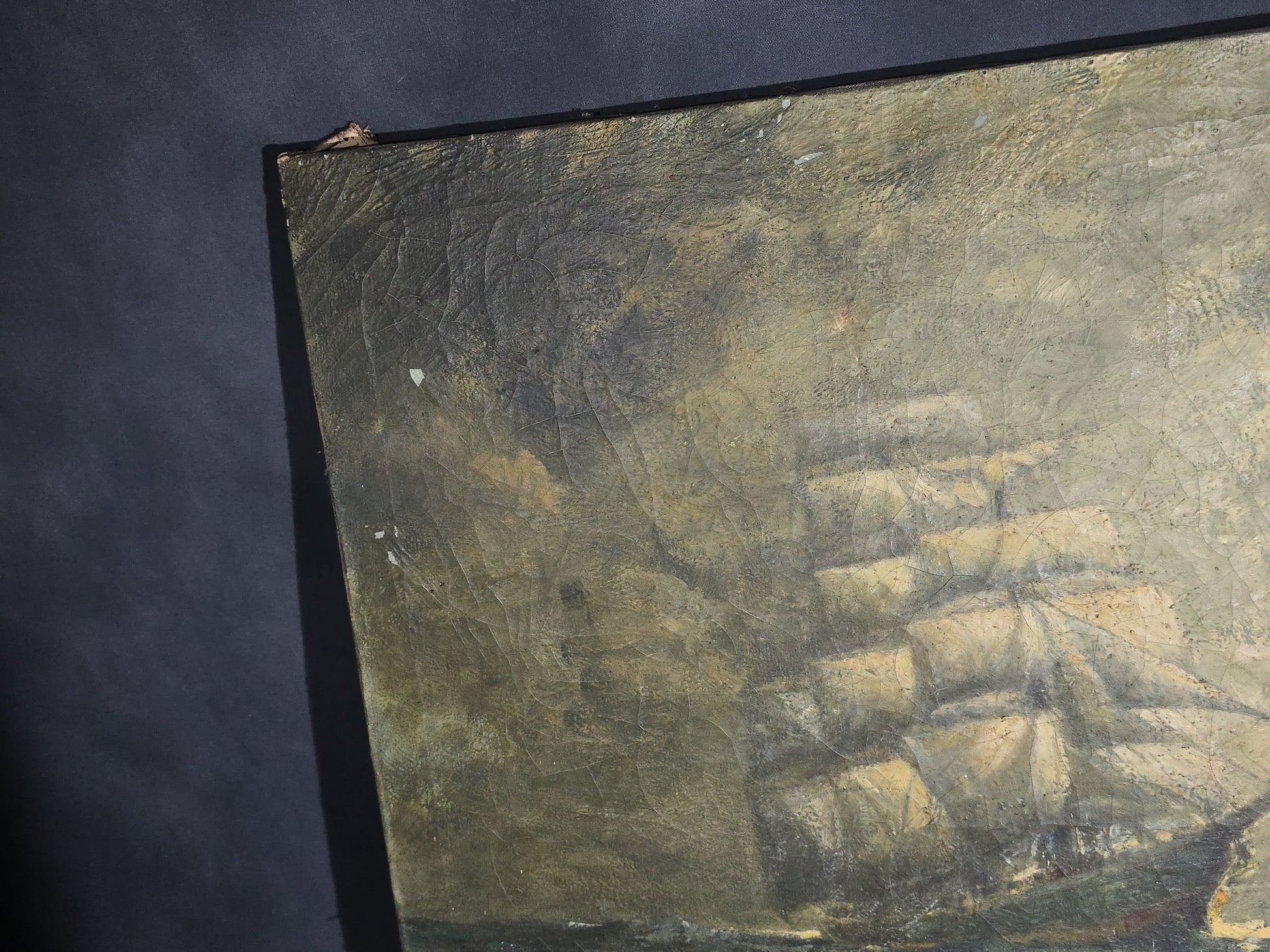 Antique Unsigned Oil Painting on Canvas, Tall Ship at Sea