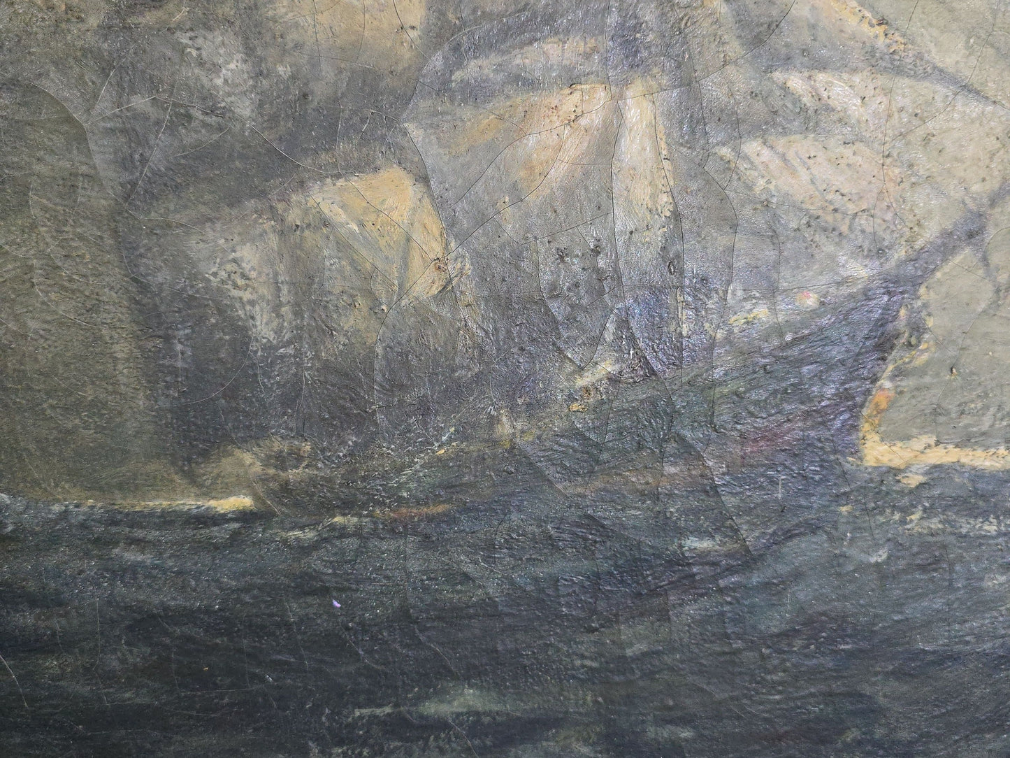 Antique Unsigned Oil Painting on Canvas, Tall Ship at Sea