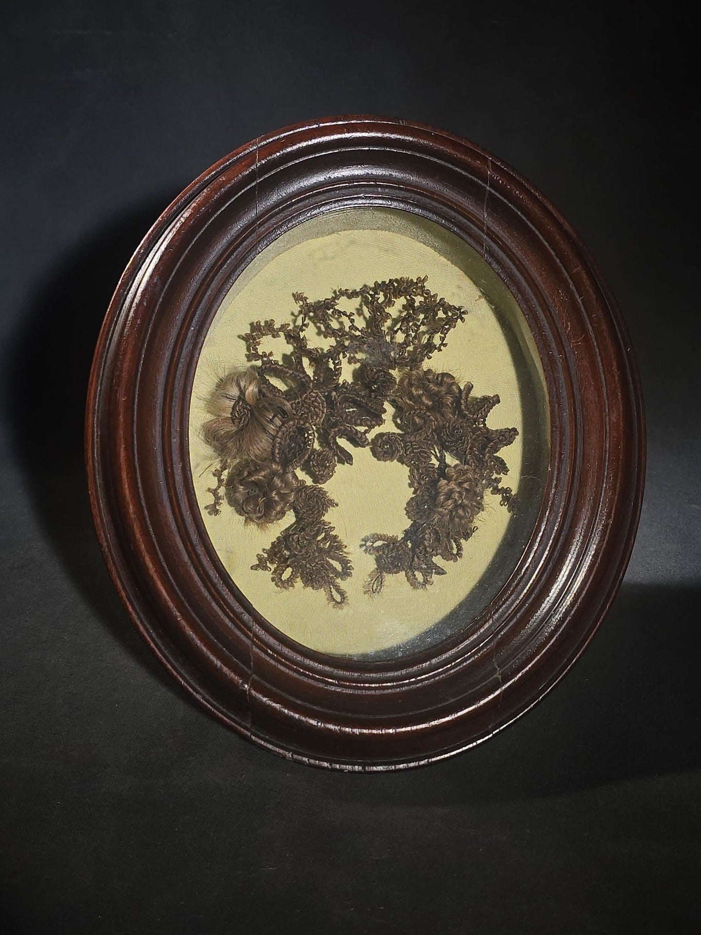 Antique Victorian Human Hair Wreath in Oval Walnut Shadow Box Frame, Assembled from Victorian-Era Components