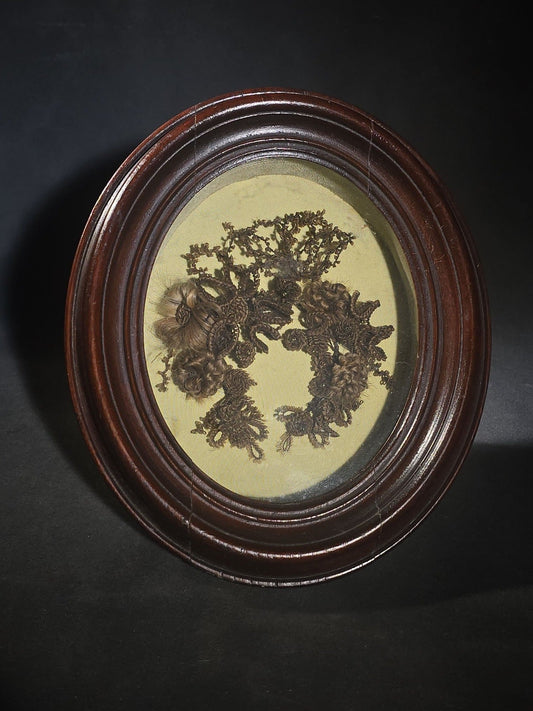 Antique Victorian Human Hair Wreath in Oval Walnut Shadow Box Frame, Assembled from Victorian-Era Components