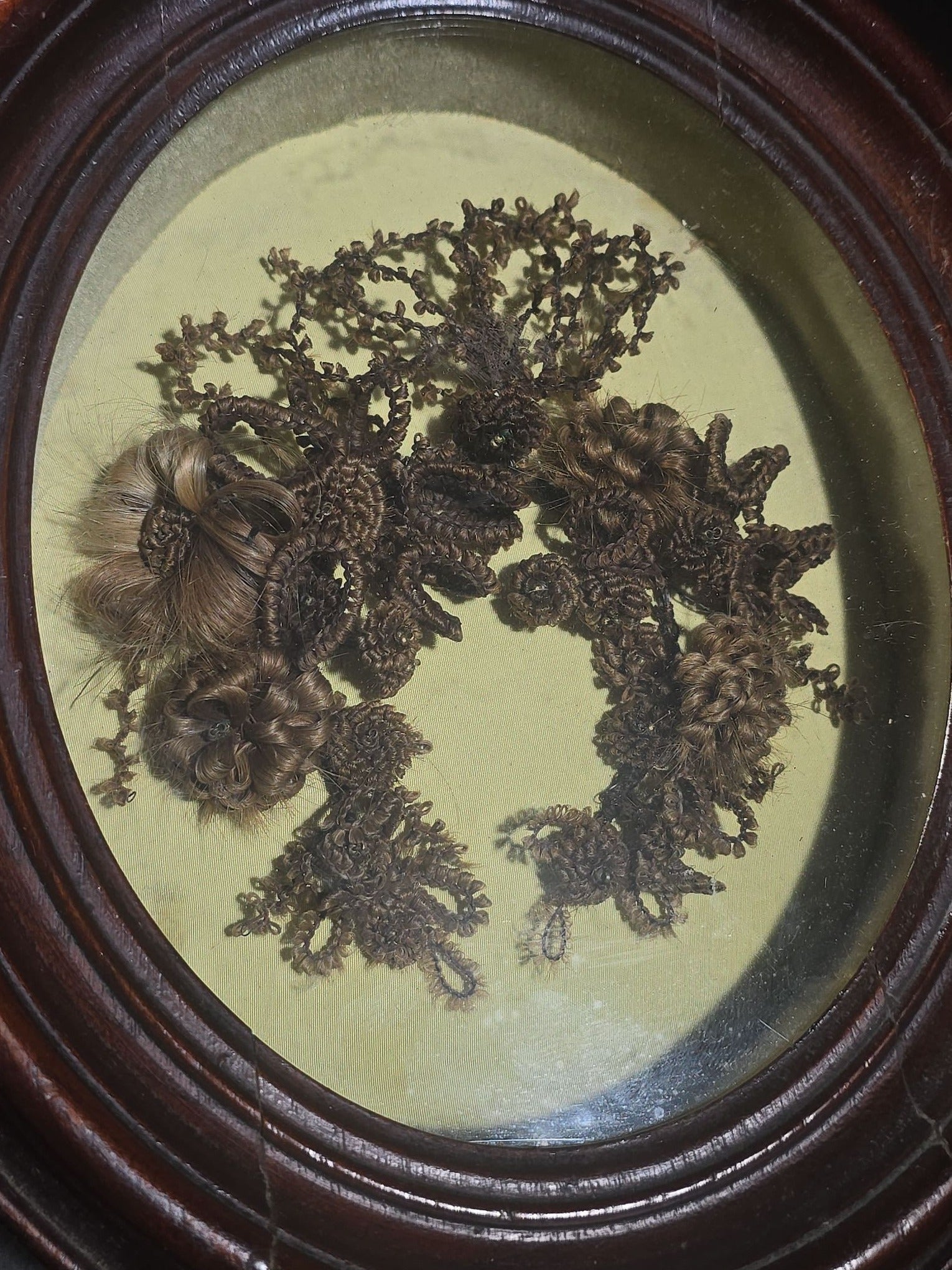 Antique Victorian Human Hair Wreath in Oval Walnut Shadow Box Frame, Assembled from Victorian-Era Components