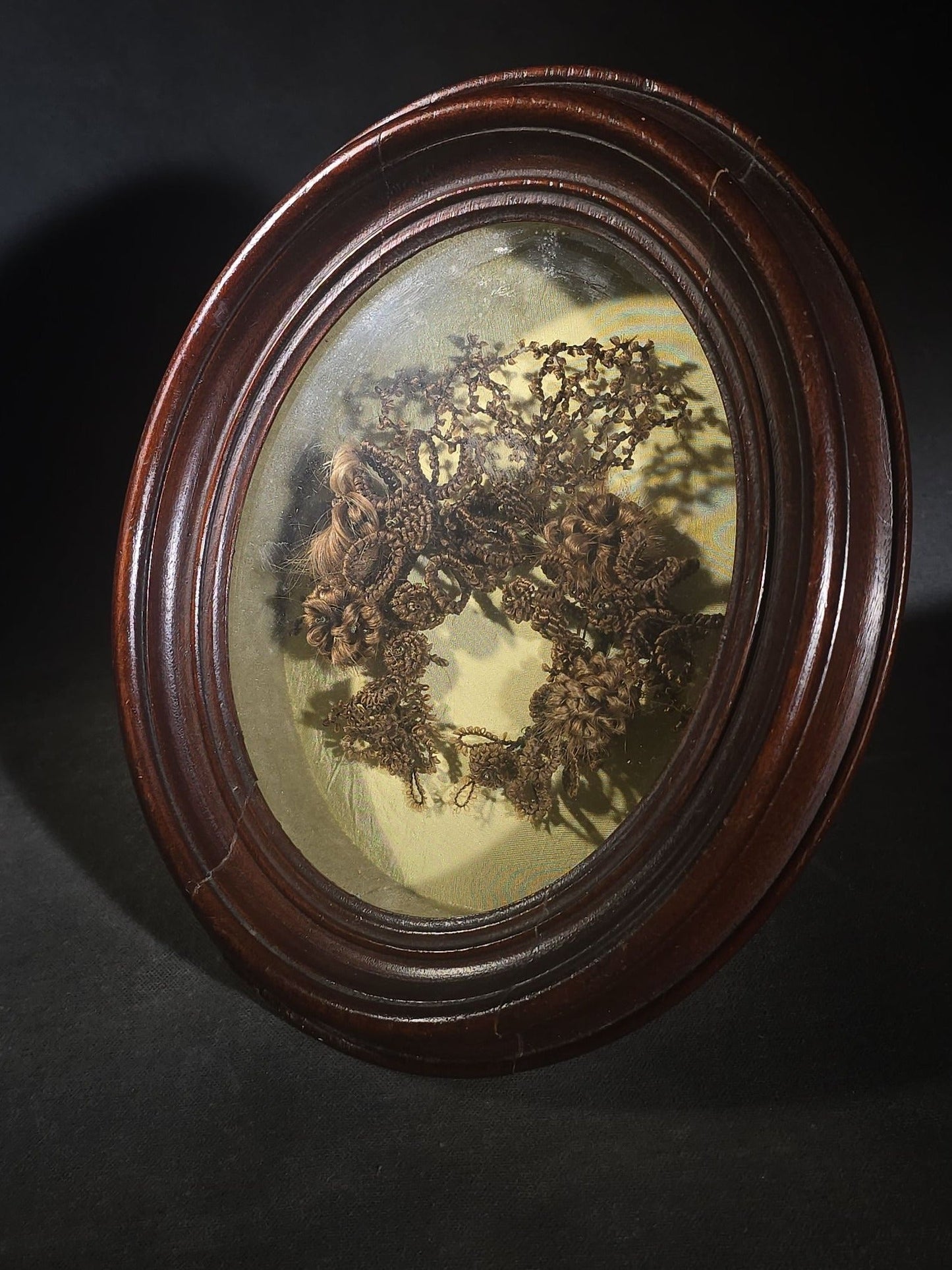Antique Victorian Human Hair Wreath in Oval Walnut Shadow Box Frame, Assembled from Victorian-Era Components