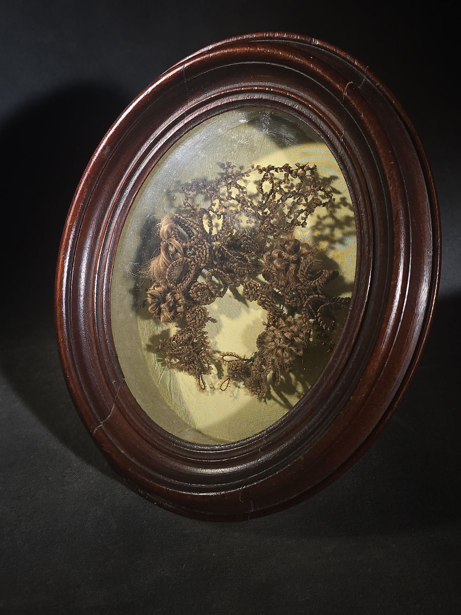 Antique Victorian Human Hair Wreath in Oval Walnut Shadow Box Frame, Assembled from Victorian-Era Components