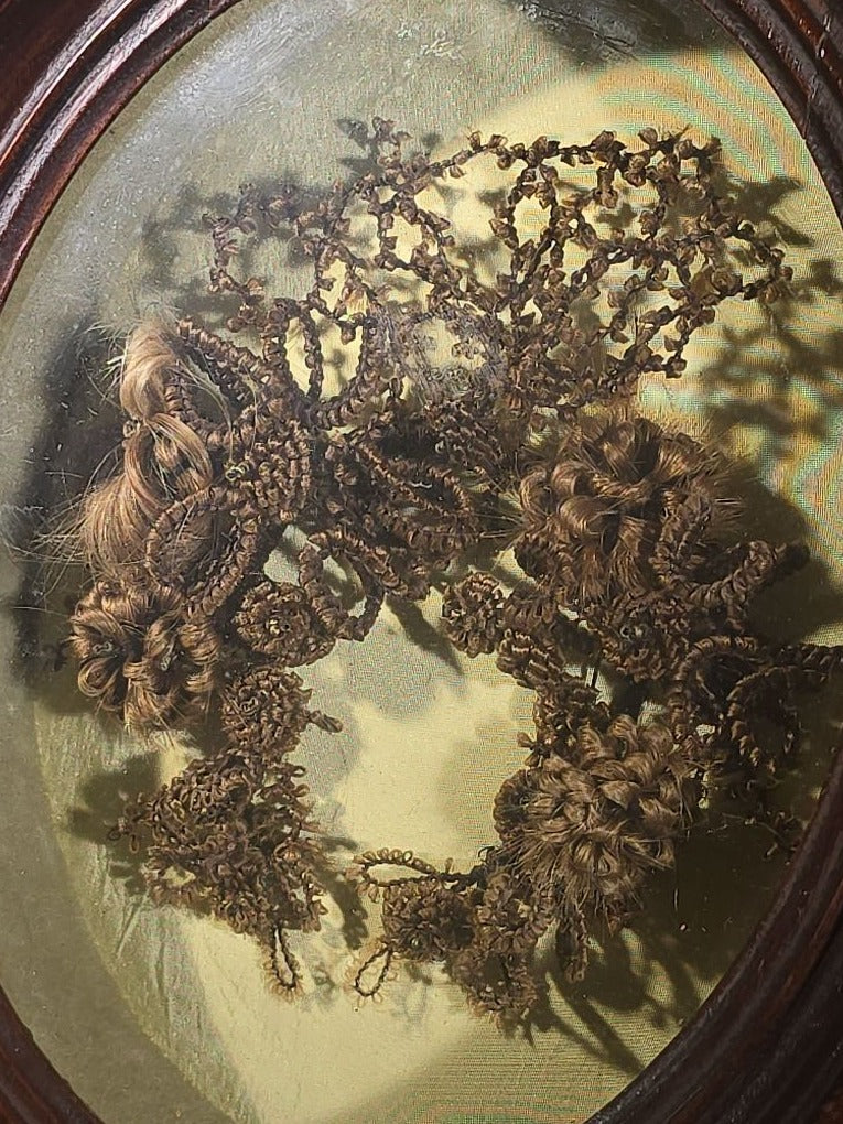 Antique Victorian Human Hair Wreath in Oval Walnut Shadow Box Frame, Assembled from Victorian-Era Components