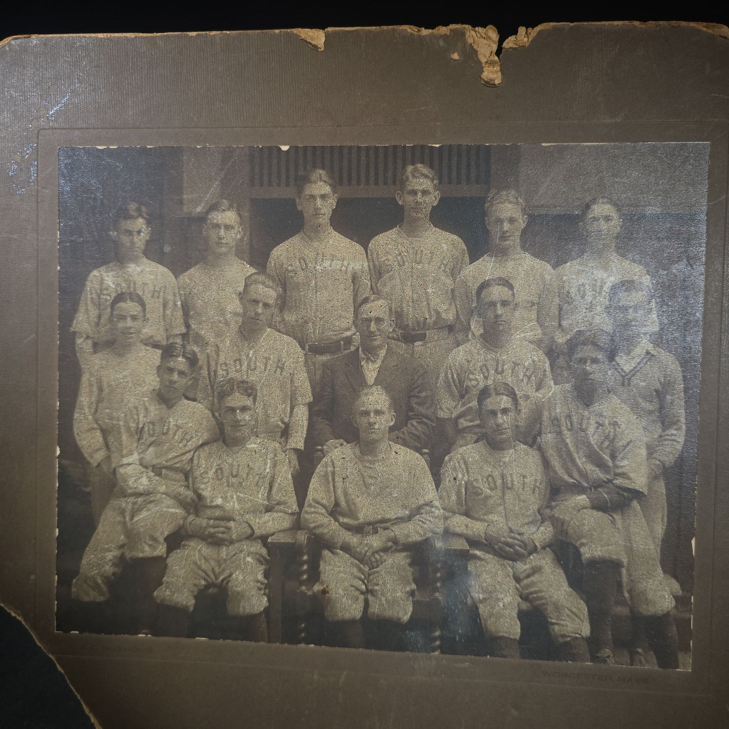 Antique Board-Mounted Photograph of a "South" Baseball Team, Photographed by J.C. Bushong, Worcester, Massachusetts