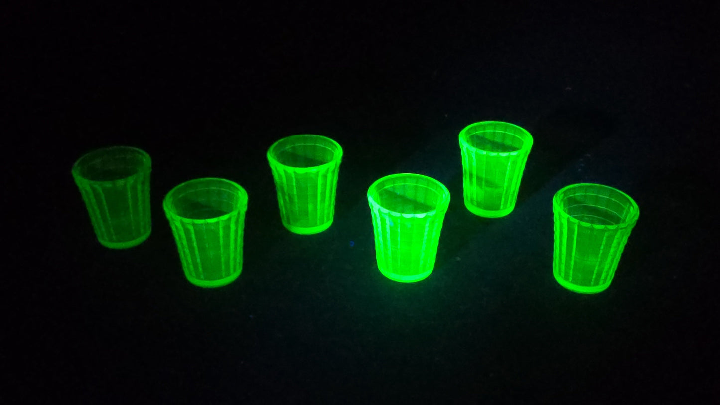 Grouping of Six Vintage Green Uranium Glass Shot Glasses with Paneled Grid Pattern, UV Reactive