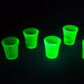 Lot 007 - Grouping of Six Vintage Green Uranium Glass Shot Glasses with Paneled Grid Pattern, UV Reactive, 2" H each