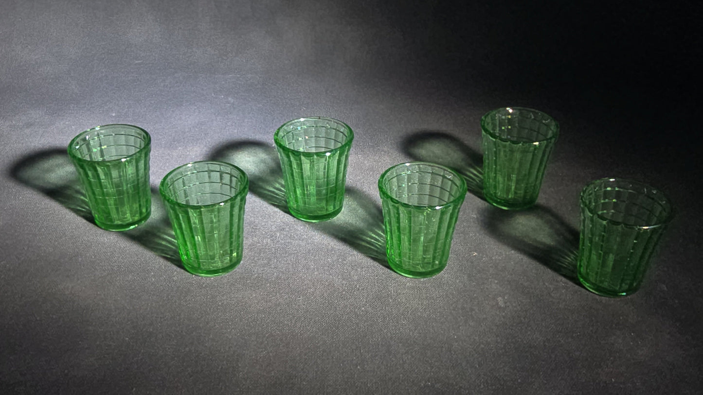 Grouping of Six Vintage Green Uranium Glass Shot Glasses with Paneled Grid Pattern, UV Reactive