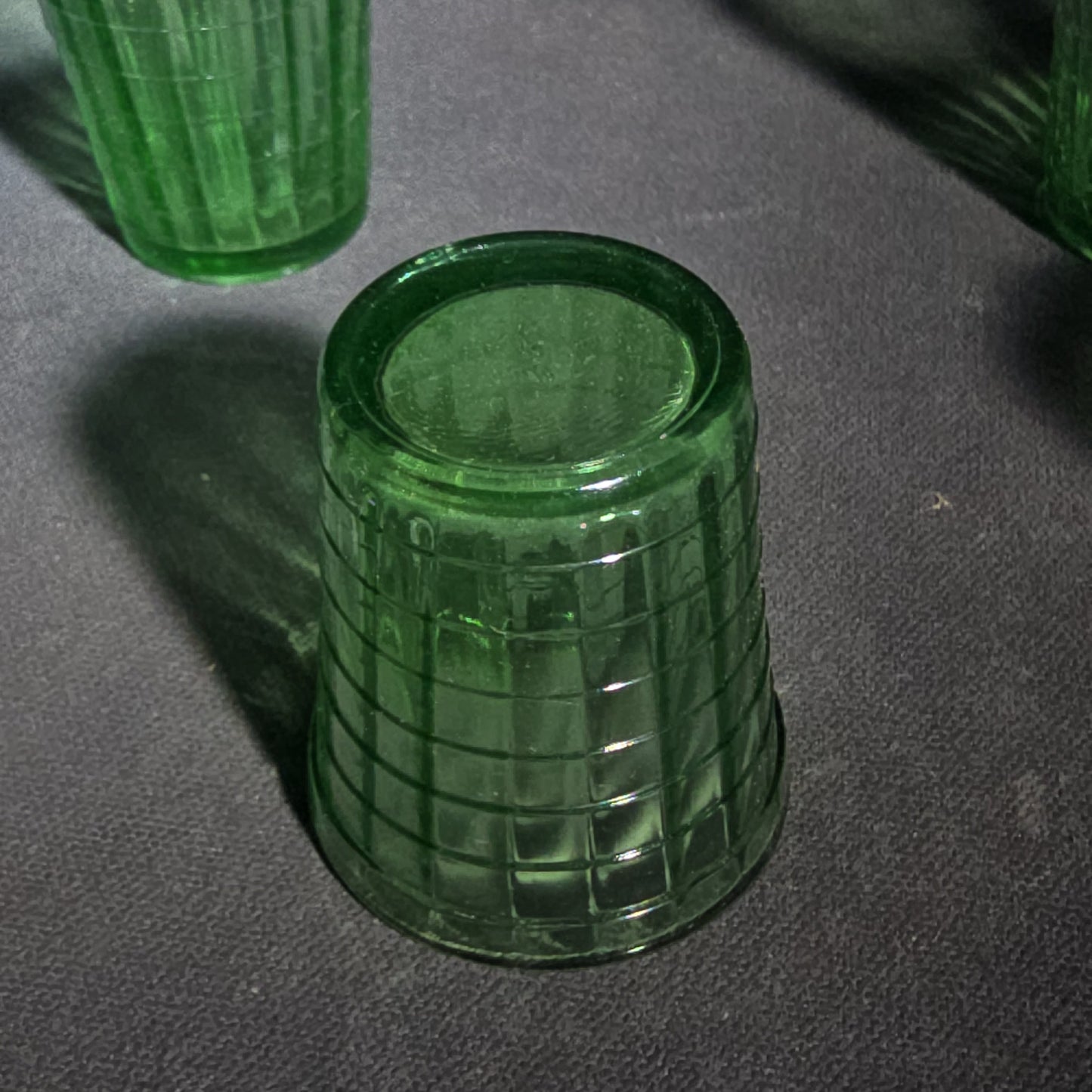 Grouping of Six Vintage Green Uranium Glass Shot Glasses with Paneled Grid Pattern, UV Reactive