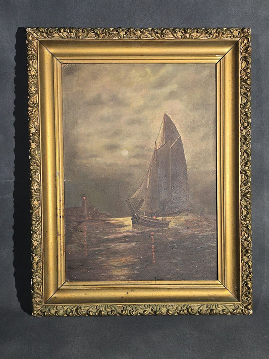 Antique Oil Painting on Board, Moonlit Sailboat Near Lighthouse, Signed "Wood" on Verso, in Gilt Frame