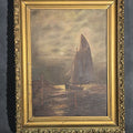 Lot 040 - Antique Oil Painting on Board, Moonlit Sailboat Near Lighthouse, Signed "Wood" On Verso, in Gilt Frame, 14" W x 18-1/8" H