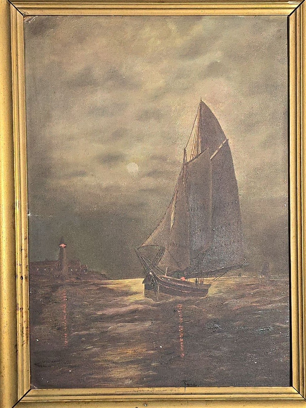 Antique Oil Painting on Board, Moonlit Sailboat Near Lighthouse, Signed "Wood" on Verso, in Gilt Frame