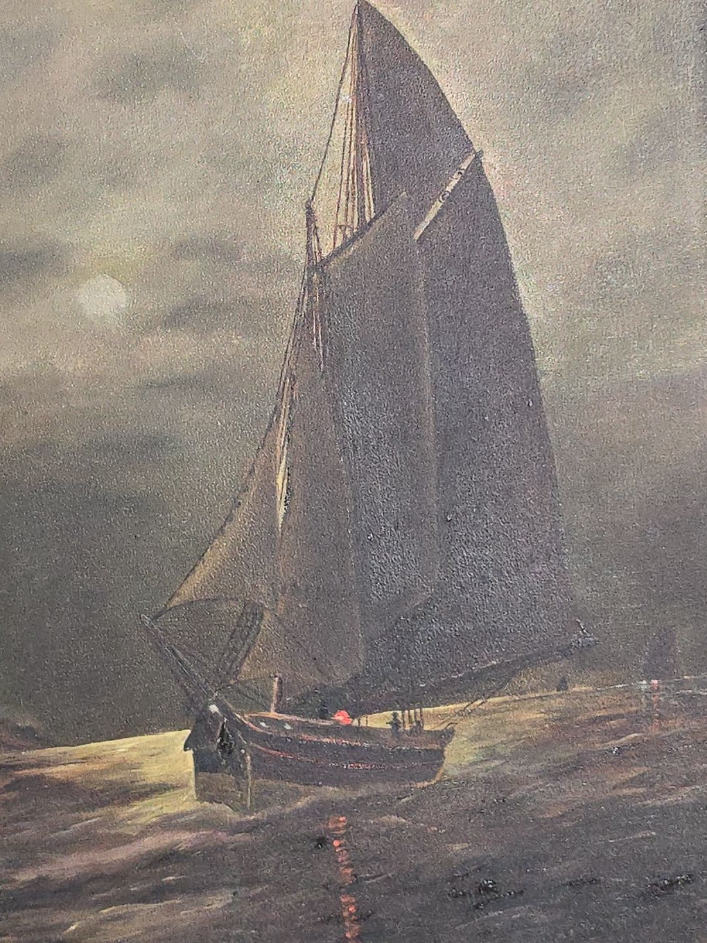Antique Oil Painting on Board, Moonlit Sailboat Near Lighthouse, Signed "Wood" on Verso, in Gilt Frame