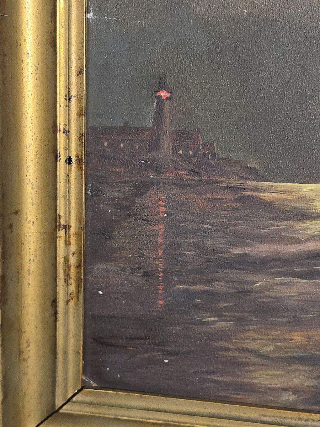 Antique Oil Painting on Board, Moonlit Sailboat Near Lighthouse, Signed "Wood" on Verso, in Gilt Frame