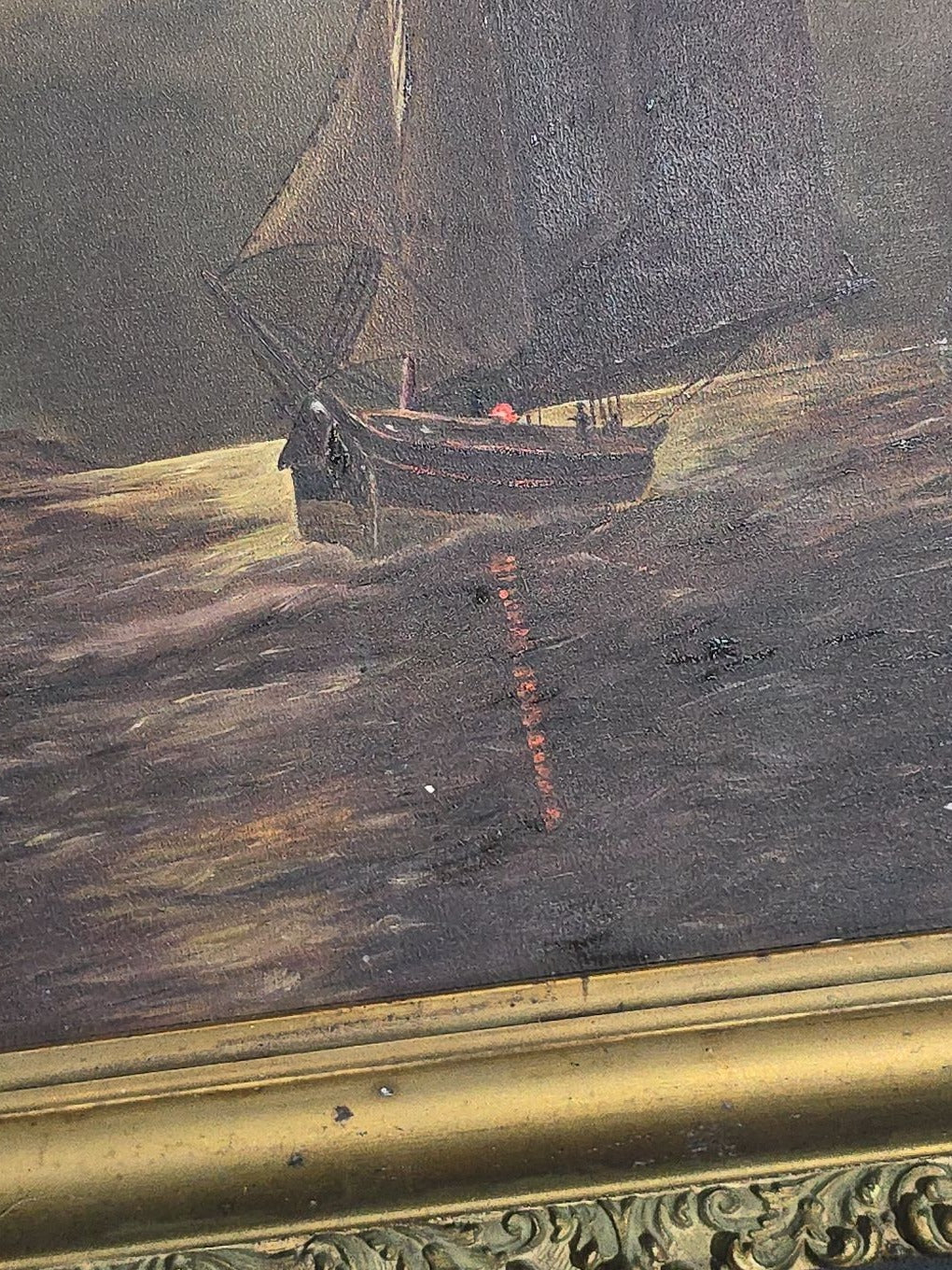Antique Oil Painting on Board, Moonlit Sailboat Near Lighthouse, Signed "Wood" on Verso, in Gilt Frame