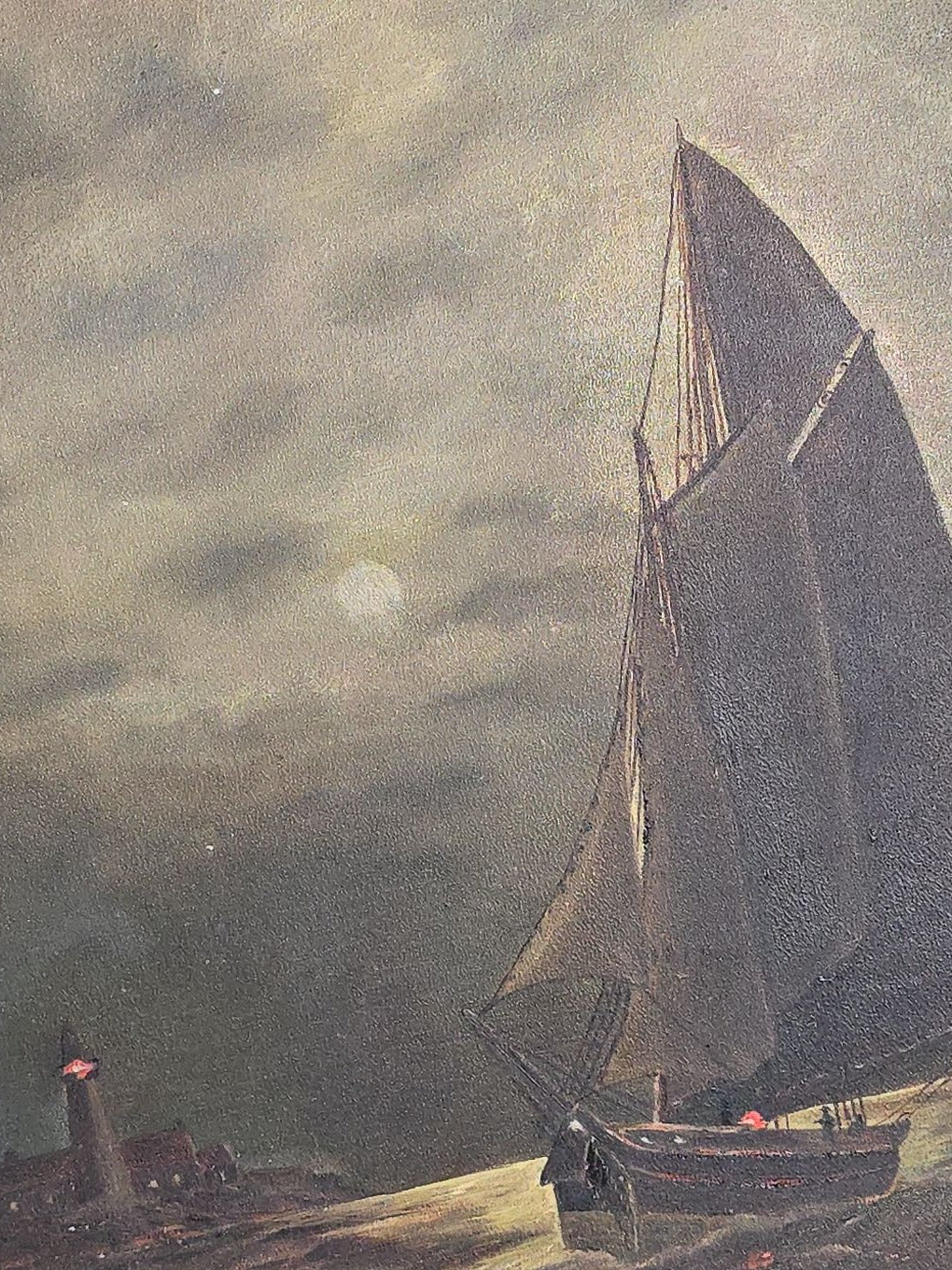 Antique Oil Painting on Board, Moonlit Sailboat Near Lighthouse, Signed "Wood" on Verso, in Gilt Frame