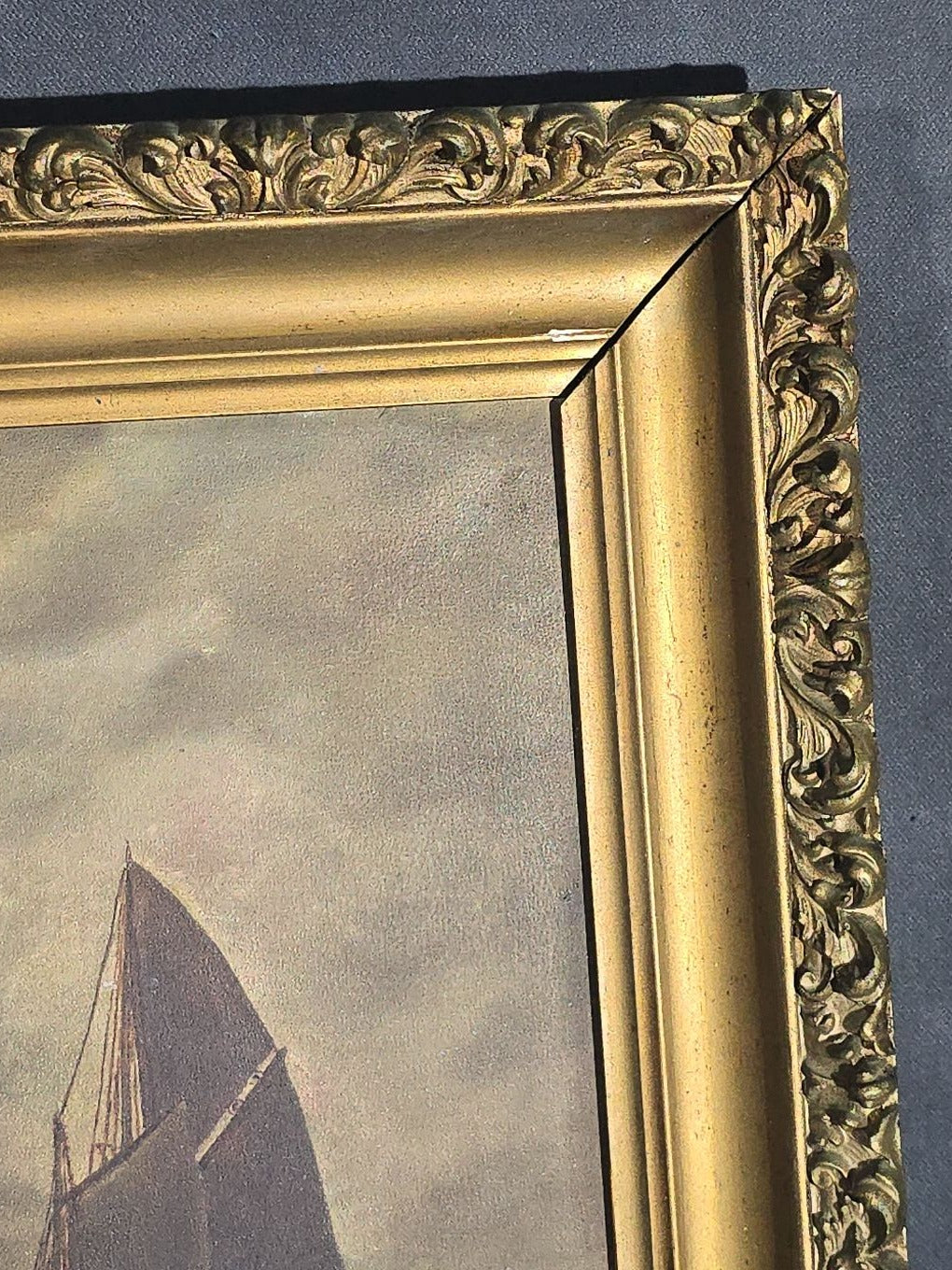 Antique Oil Painting on Board, Moonlit Sailboat Near Lighthouse, Signed "Wood" on Verso, in Gilt Frame