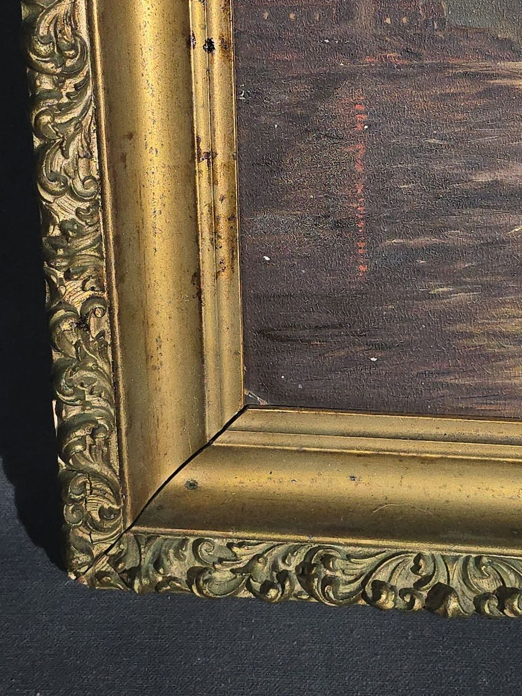 Antique Oil Painting on Board, Moonlit Sailboat Near Lighthouse, Signed "Wood" on Verso, in Gilt Frame