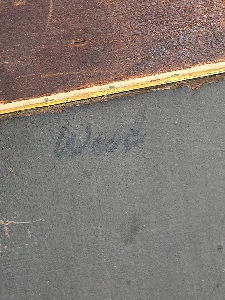 Antique Oil Painting on Board, Moonlit Sailboat Near Lighthouse, Signed "Wood" on Verso, in Gilt Frame