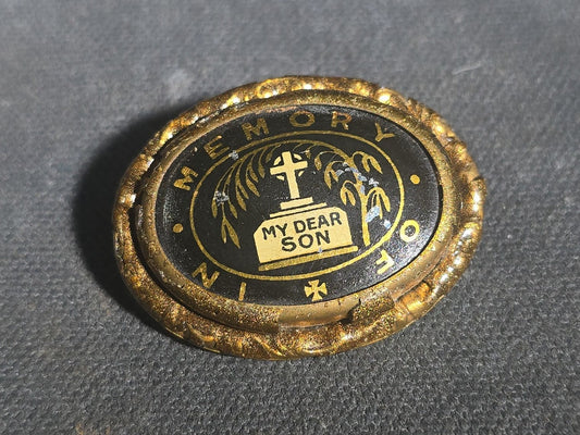 Antique English Victorian Mourning Brooch, "In Memory Of My Dear Son" with Tombstone, Cross, and Weeping Willow Motif