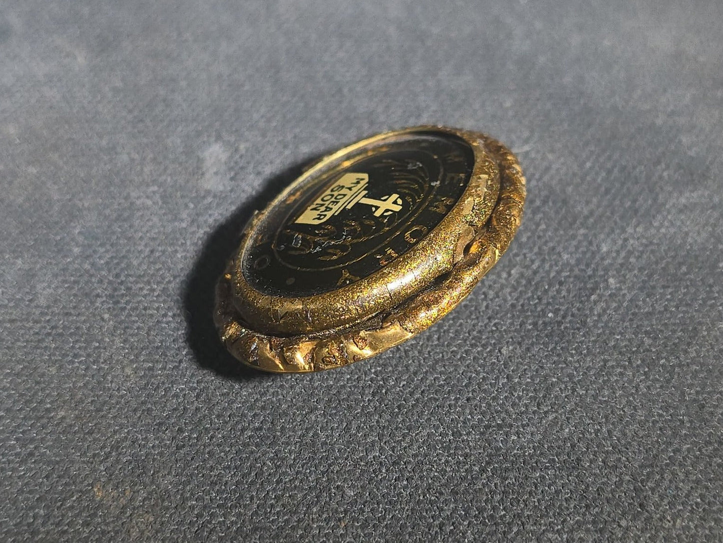Antique English Victorian Mourning Brooch, "In Memory Of My Dear Son" with Tombstone, Cross, and Weeping Willow Motif