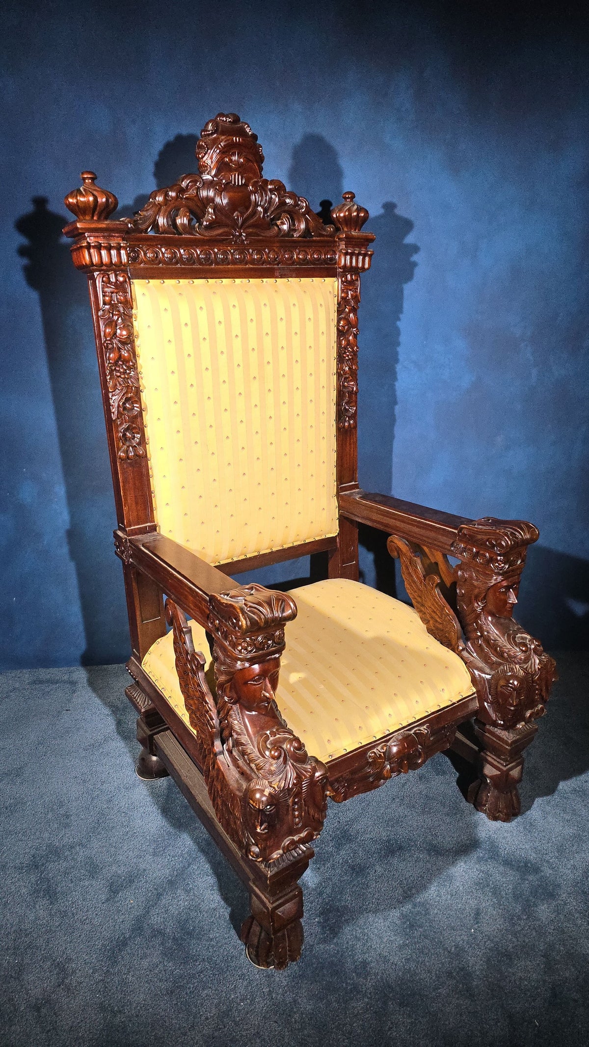 Vintage Renaissance Revival Carved Throne Chair with Figural Arm Supports