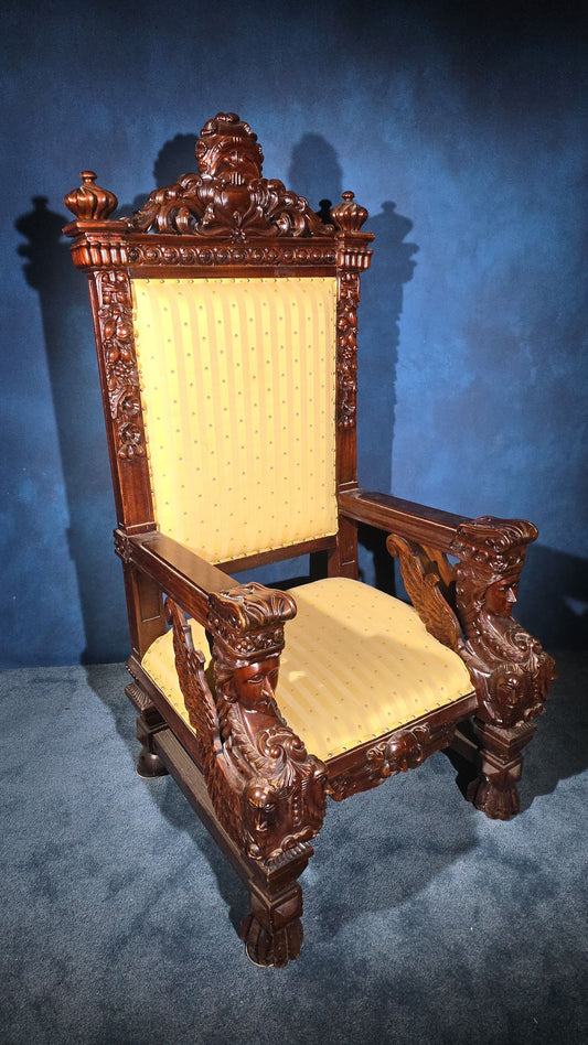 Vintage Renaissance Revival Carved Throne Chair with Figural Arm Supports