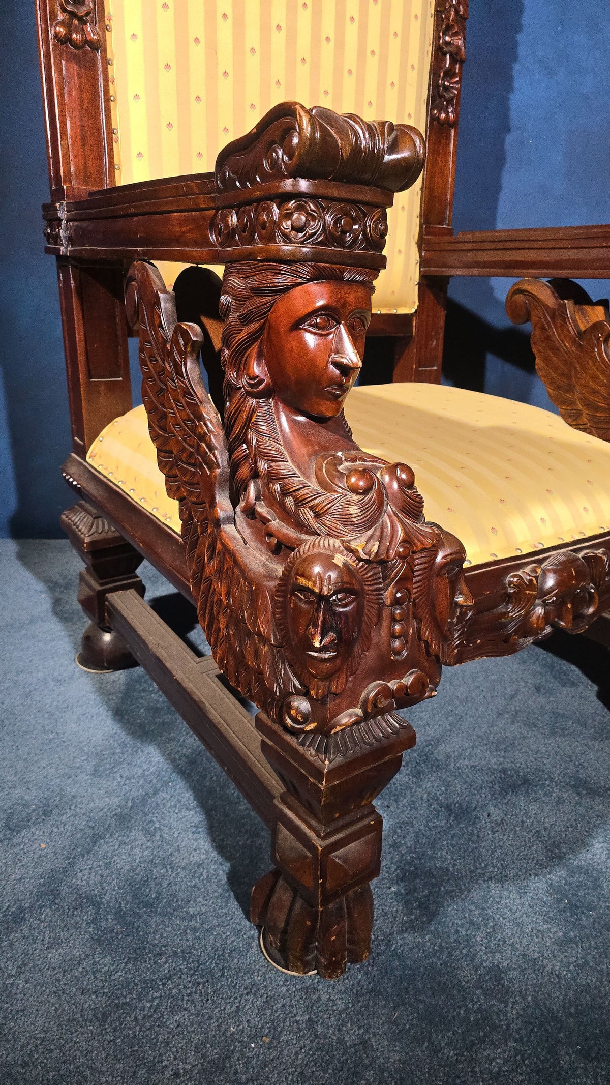 Vintage Renaissance Revival Carved Throne Chair with Figural Arm Supports