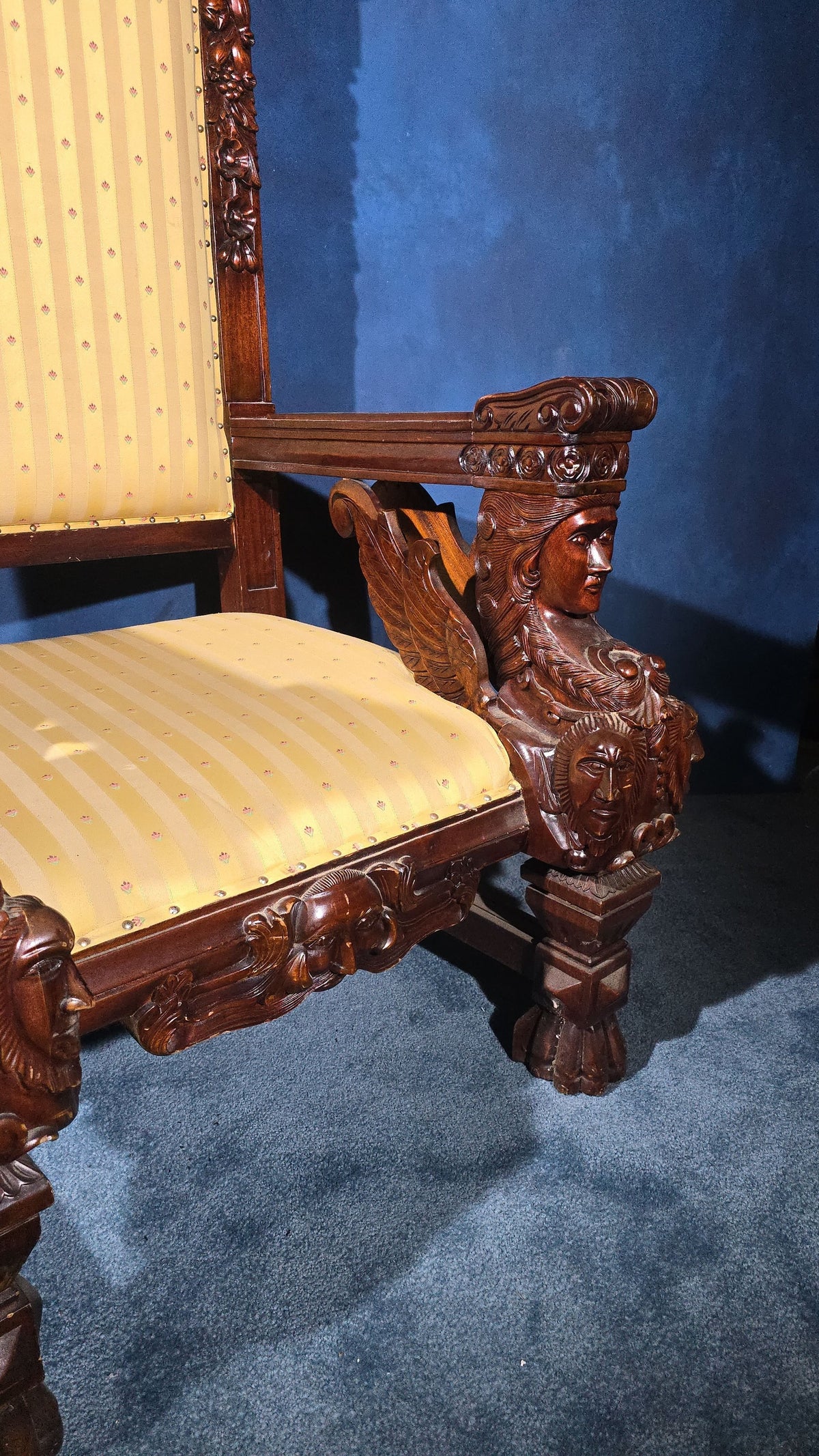 Vintage Renaissance Revival Carved Throne Chair with Figural Arm Supports
