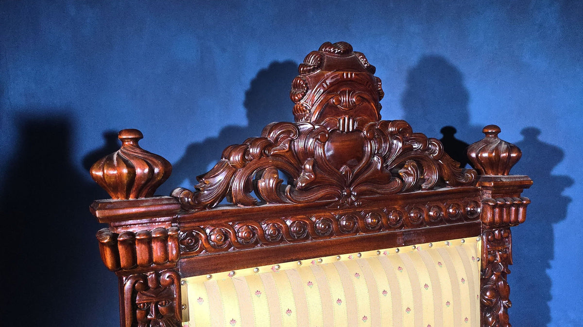 Vintage Renaissance Revival Carved Throne Chair with Figural Arm Supports