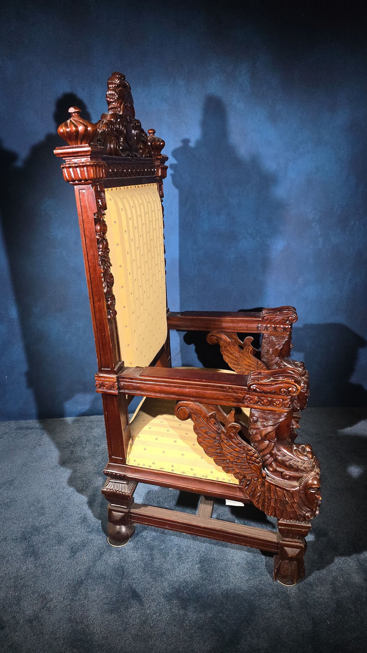 Vintage Renaissance Revival Carved Throne Chair with Figural Arm Supports