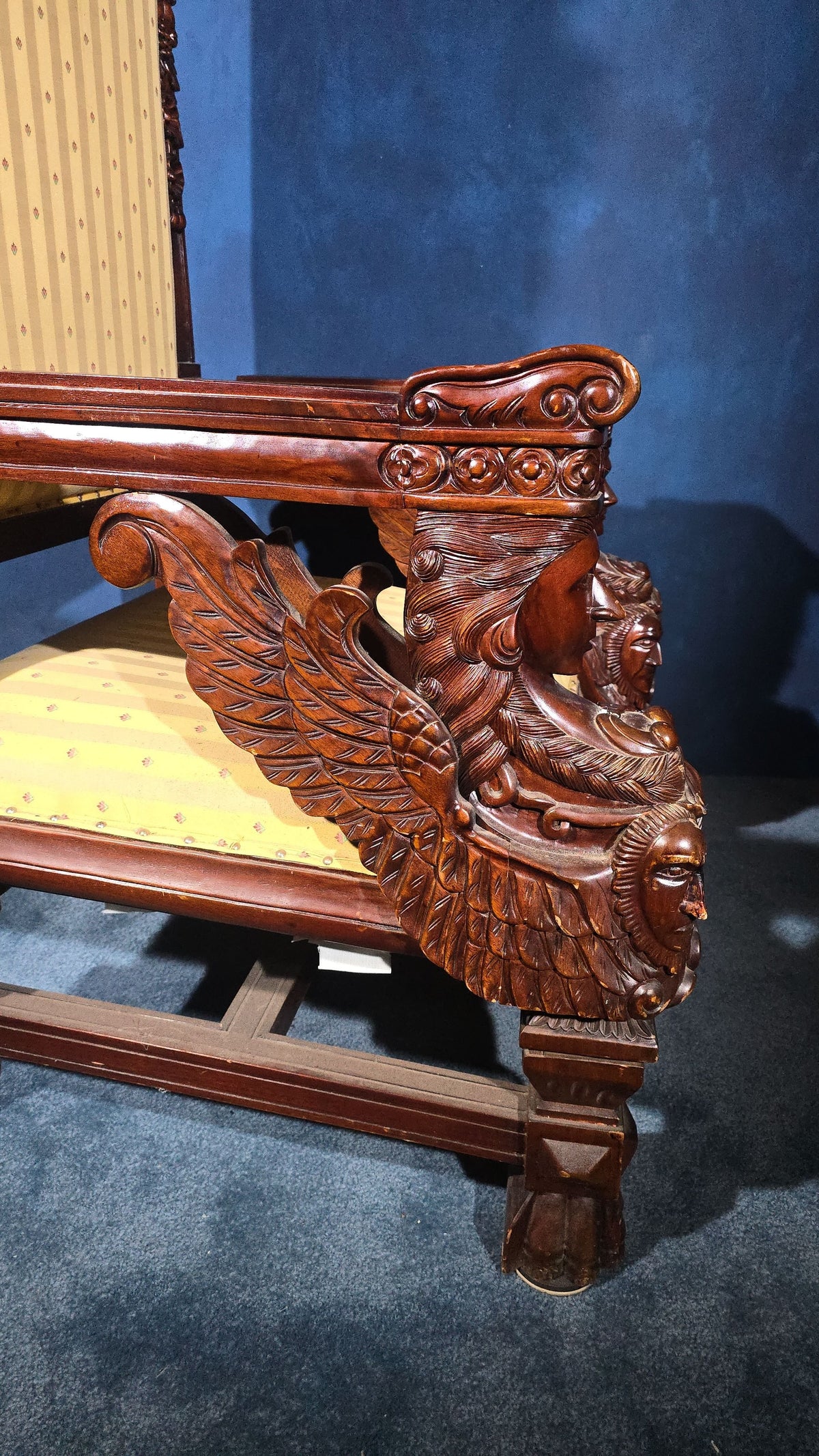 Vintage Renaissance Revival Carved Throne Chair with Figural Arm Supports