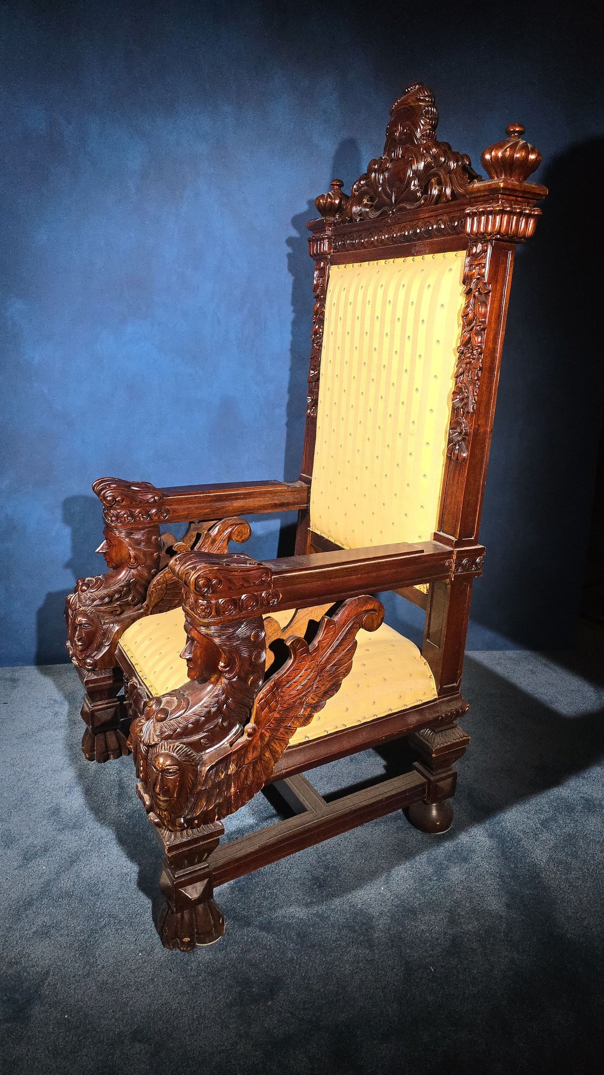 Vintage Renaissance Revival Carved Throne Chair with Figural Arm Supports