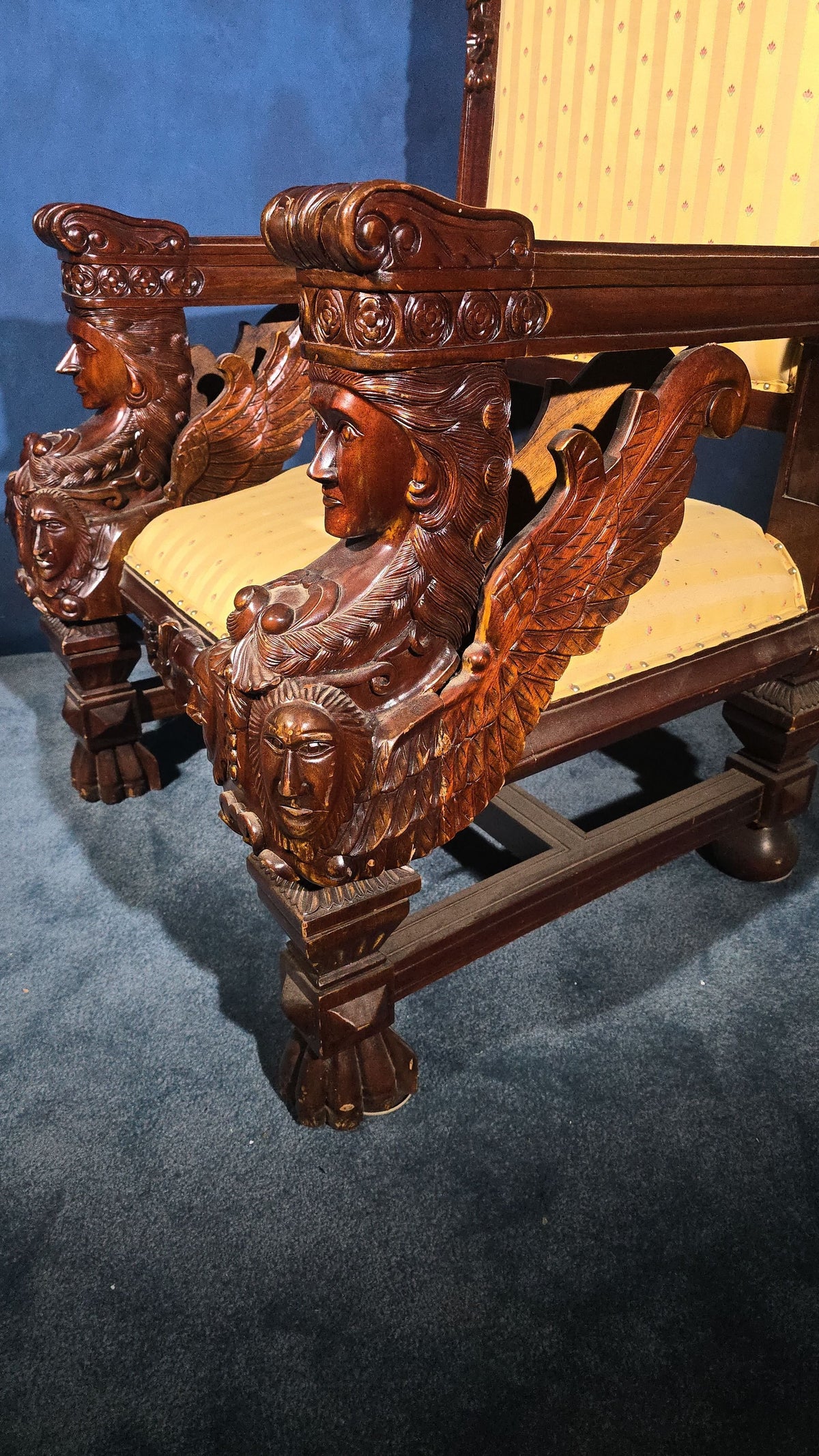 Vintage Renaissance Revival Carved Throne Chair with Figural Arm Supports
