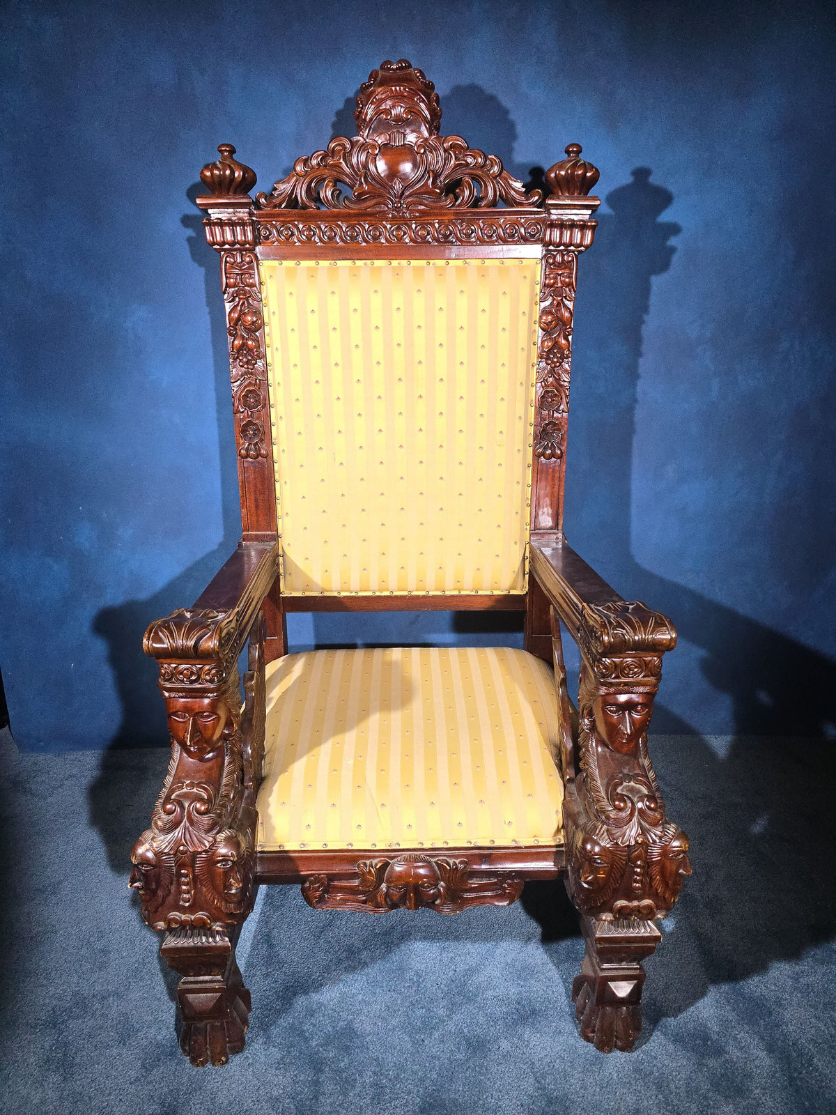 Vintage Renaissance Revival Carved Throne Chair with Figural Arm Supports
