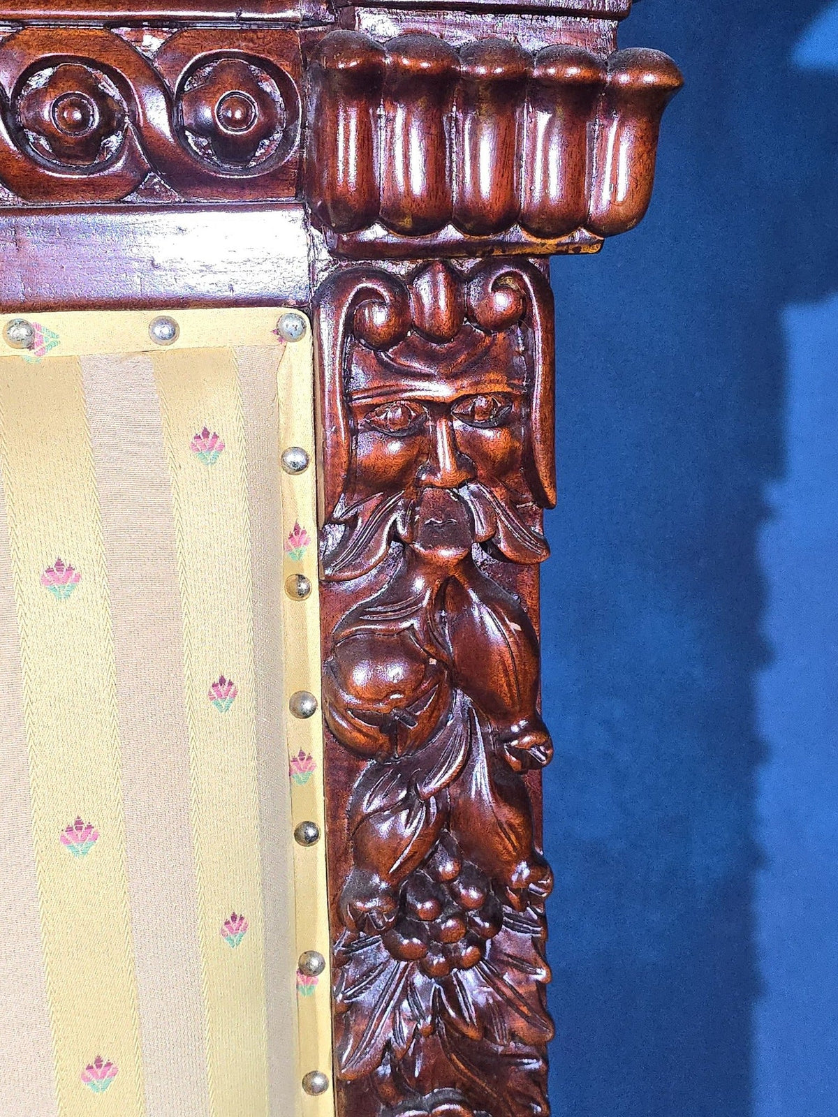 Vintage Renaissance Revival Carved Throne Chair with Figural Arm Supports