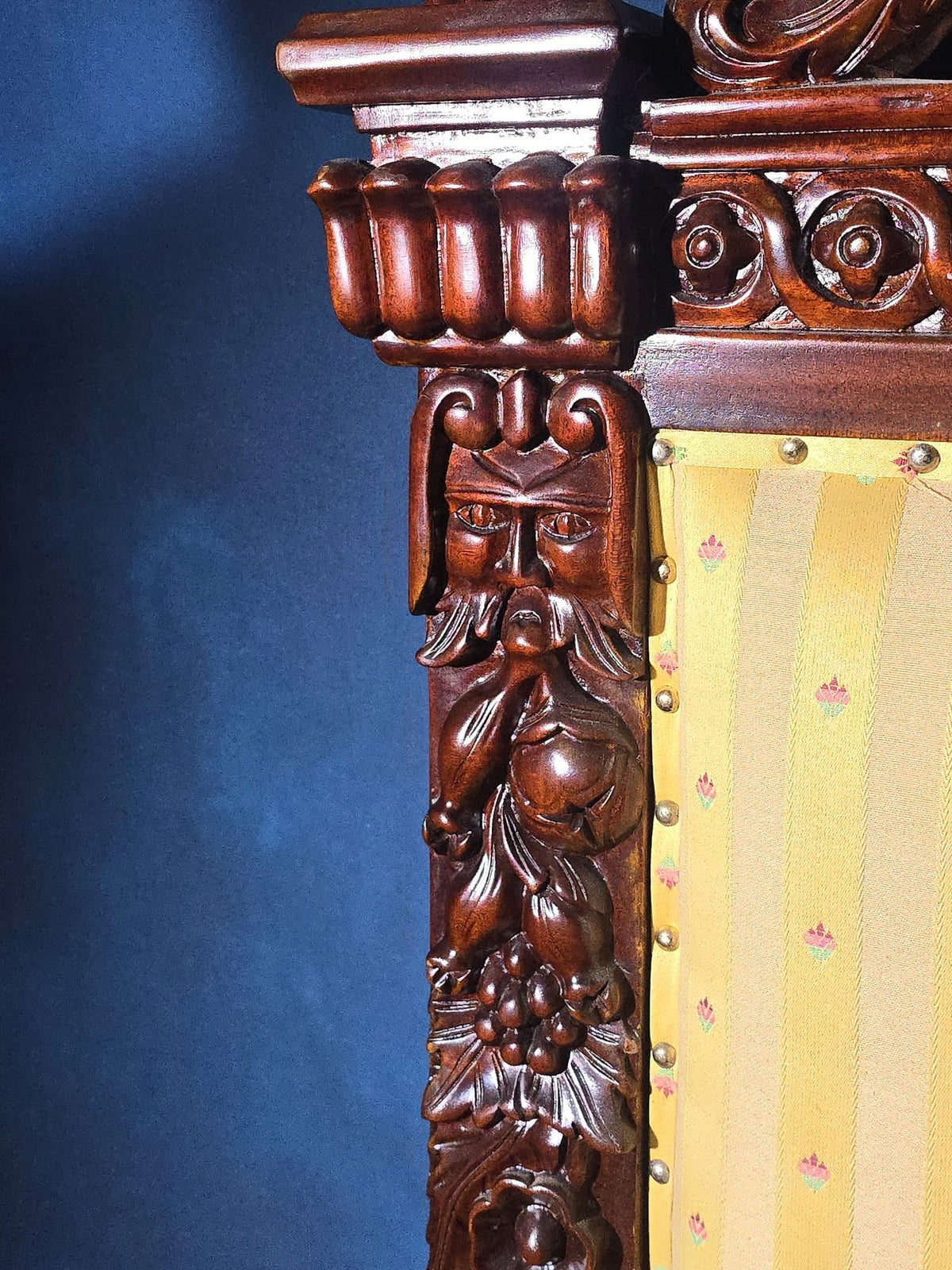 Vintage Renaissance Revival Carved Throne Chair with Figural Arm Supports