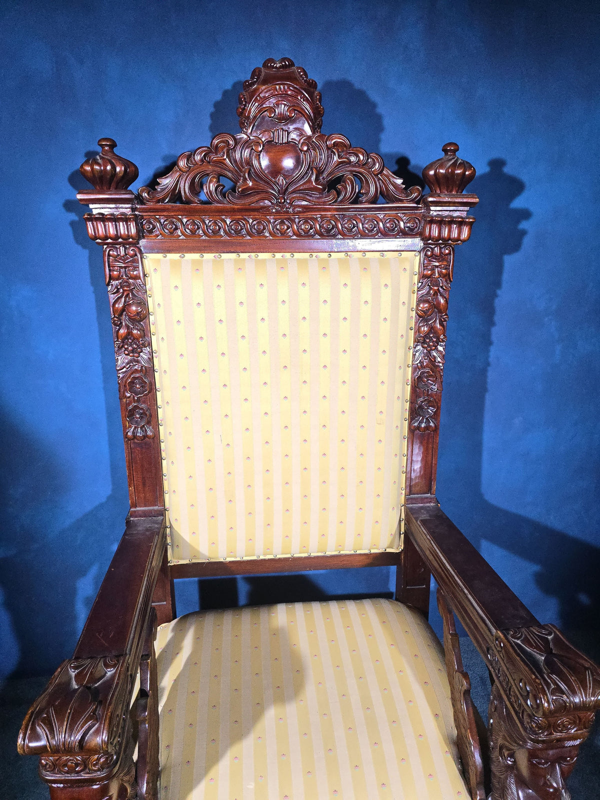 Vintage Renaissance Revival Carved Throne Chair with Figural Arm Supports