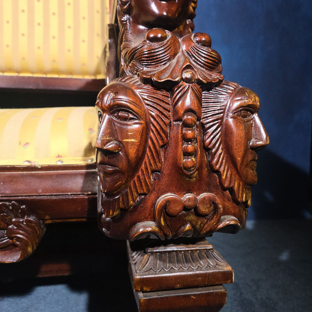Vintage Renaissance Revival Carved Throne Chair with Figural Arm Supports