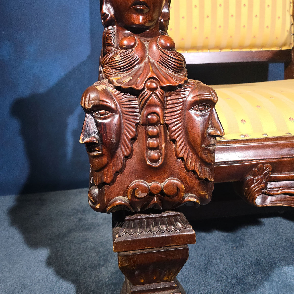 Vintage Renaissance Revival Carved Throne Chair with Figural Arm Supports