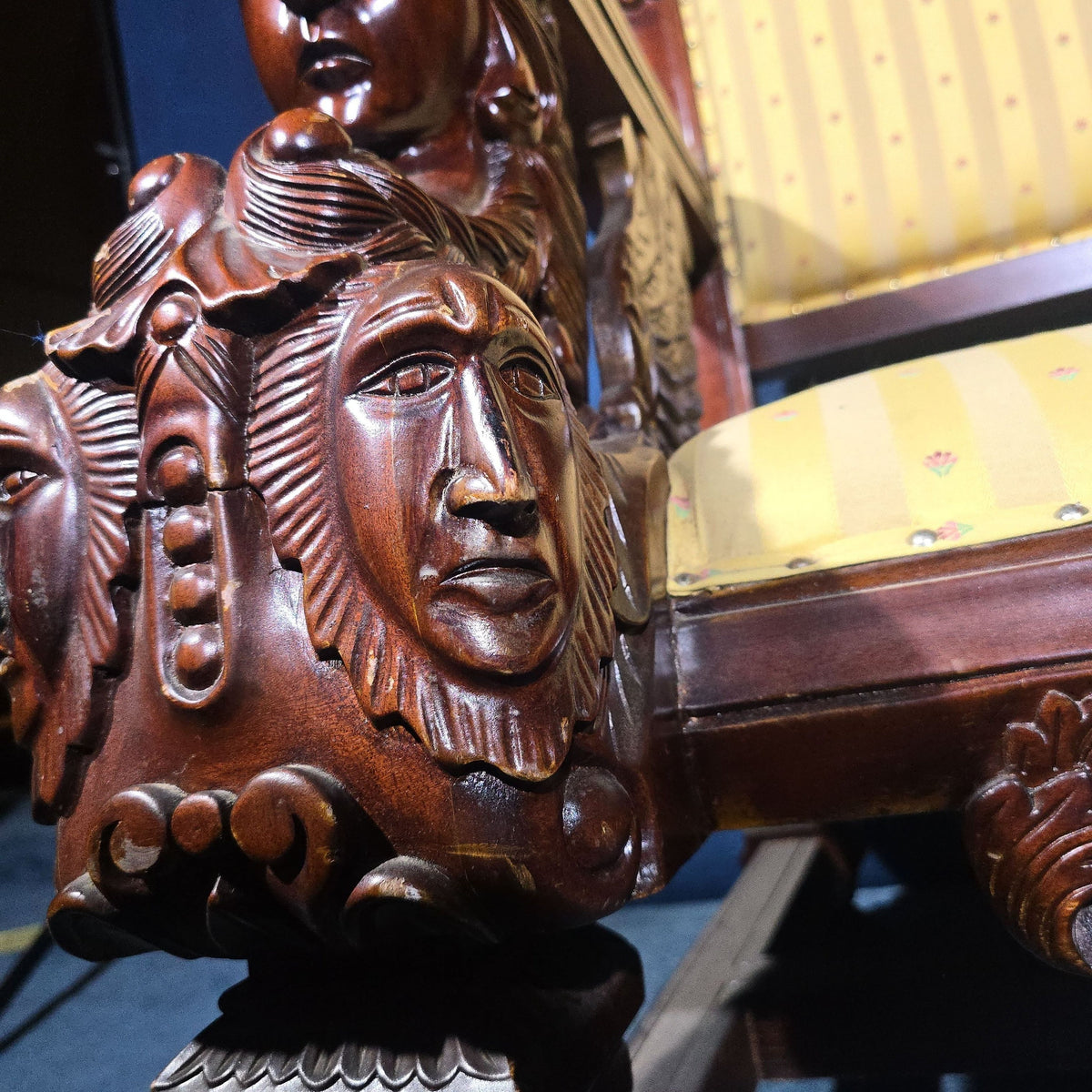 Vintage Renaissance Revival Carved Throne Chair with Figural Arm Supports