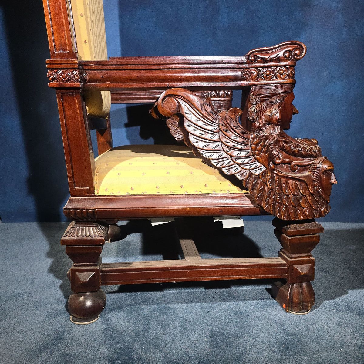 Vintage Renaissance Revival Carved Throne Chair with Figural Arm Supports
