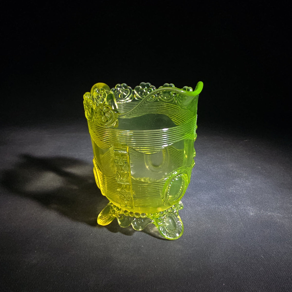 Antique Uranium Glass Pressed Creamer with Medallion and Ribbed Pattern, Floral Scalloped Rim, UV Reactive, Note Crack on Bottom