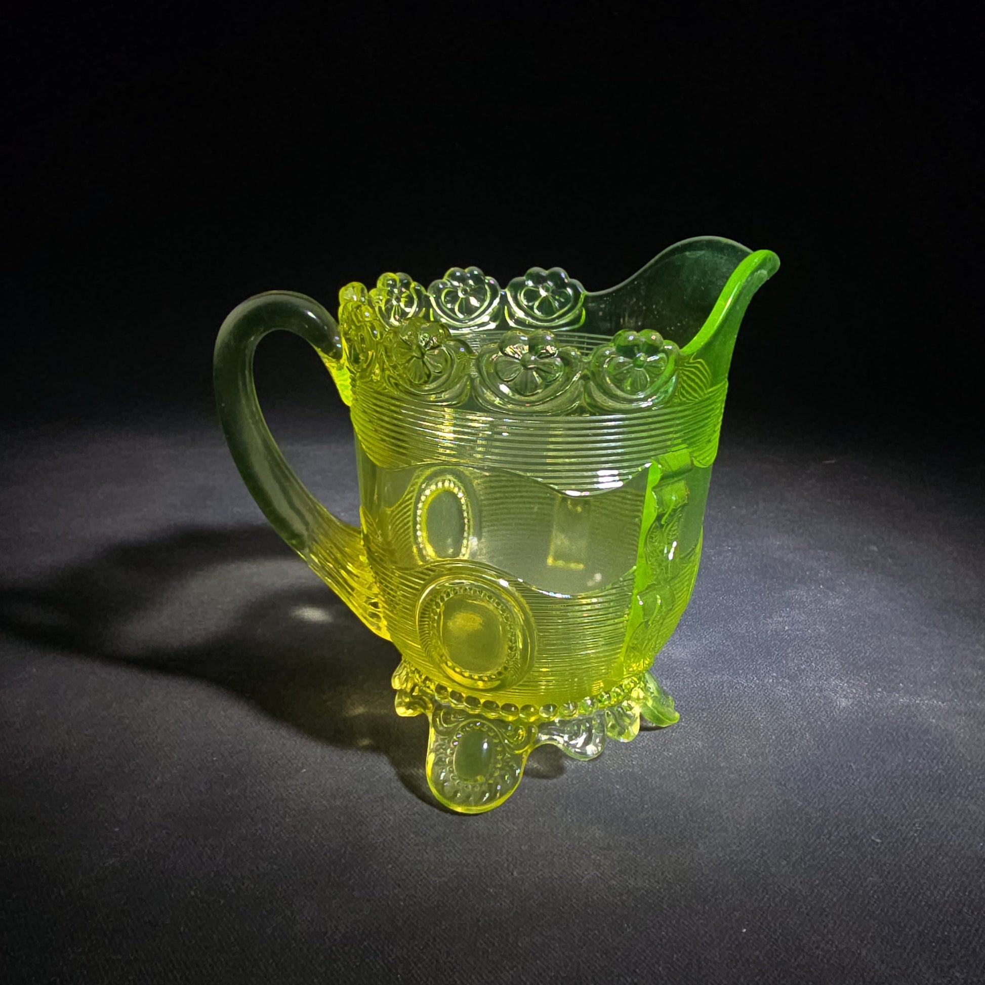 Antique Uranium Glass Pressed Creamer with Medallion and Ribbed Pattern, Floral Scalloped Rim, UV Reactive, Note Crack on Bottom