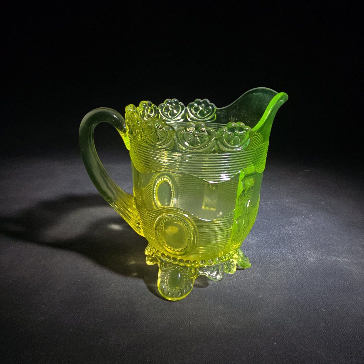 Antique Uranium Glass Pressed Creamer with Medallion and Ribbed Pattern, Floral Scalloped Rim, UV Reactive, Note Crack on Bottom