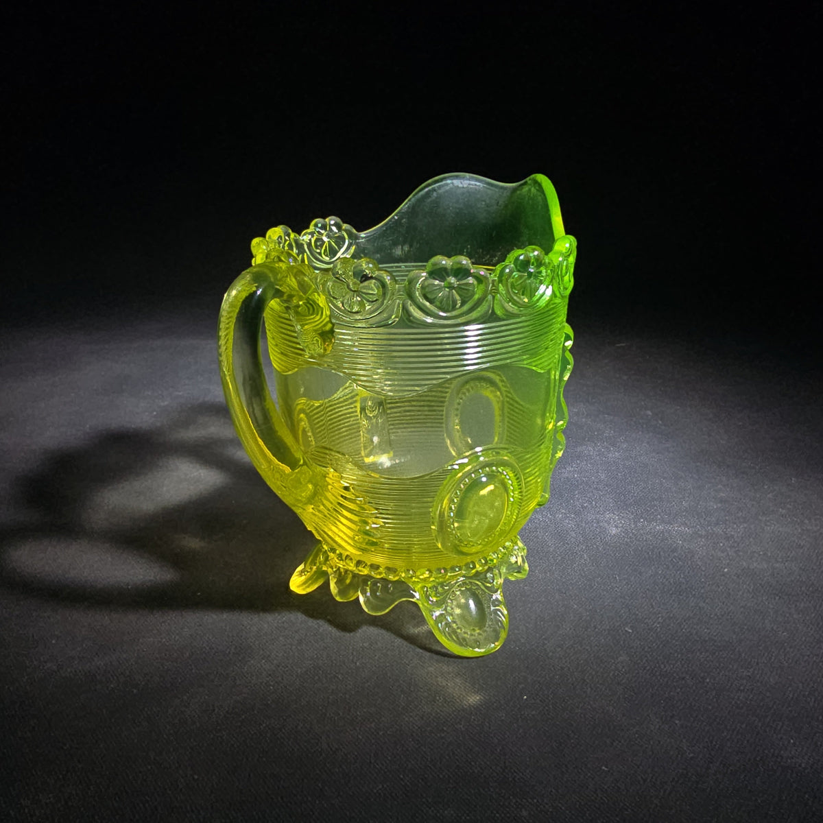 Antique Uranium Glass Pressed Creamer with Medallion and Ribbed Pattern, Floral Scalloped Rim, UV Reactive, Note Crack on Bottom