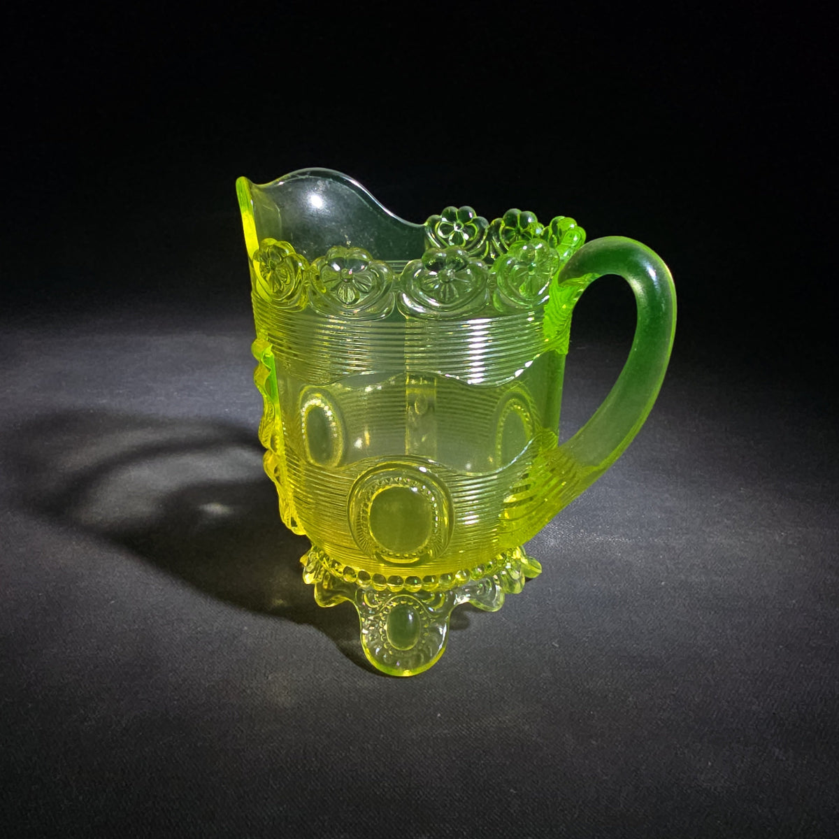 Antique Uranium Glass Pressed Creamer with Medallion and Ribbed Pattern, Floral Scalloped Rim, UV Reactive, Note Crack on Bottom