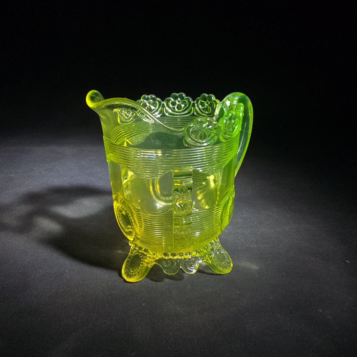 Antique Uranium Glass Pressed Creamer with Medallion and Ribbed Pattern, Floral Scalloped Rim, UV Reactive, Note Crack on Bottom