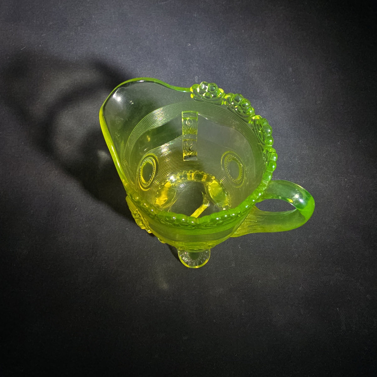 Antique Uranium Glass Pressed Creamer with Medallion and Ribbed Pattern, Floral Scalloped Rim, UV Reactive, Note Crack on Bottom