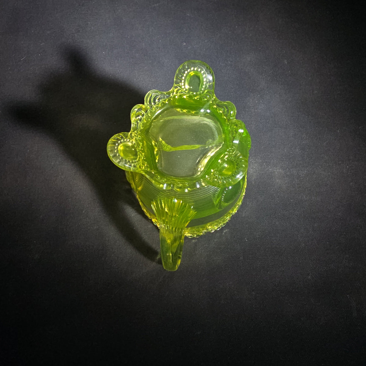 Antique Uranium Glass Pressed Creamer with Medallion and Ribbed Pattern, Floral Scalloped Rim, UV Reactive, Note Crack on Bottom